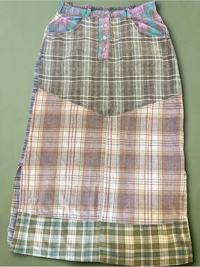 Citron Patchwork Plaid Midi Skirt in Gray, Pink, Green